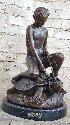 Bronze Sculpture Chair Garçon Avec Tortue Art Déco Figurine Statue Maison Deco