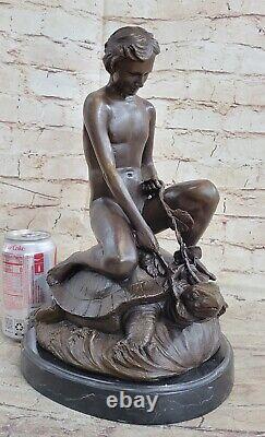 Bronze Sculpture Chair Garçon Avec Tortue Art Déco Figurine Statue Maison Deco