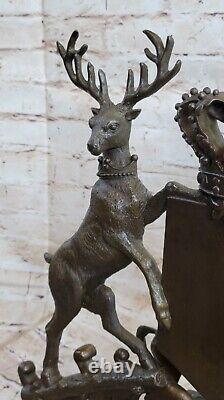 Bronze Sculpture Signée Original Ouvre Art Déco Cerf Royal Crest Sculpture