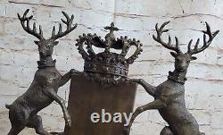 Bronze Sculpture Signée Original Ouvre Art Déco Cerf Royal Crest Sculpture Gif