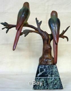 Bronze animalier Art Déco de J. BRAULT. Deux perruches branchées