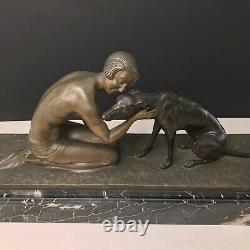 Bronze art déco, danseuse et son lévrier, signé Jean Lormier, 1930 marbre portor