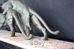 Chamaillerie Feline Sculpture Par Salvatore Melani Bronze Patine Vert A728