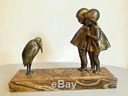 Chiparus sculpture statue Art Deco en régule fillettes et marabout signée