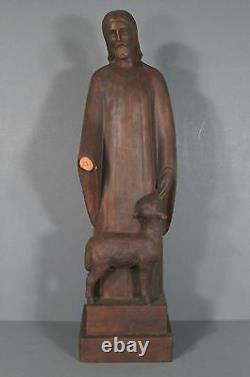 Christ Terre Cuite Signée Kovats / Sculpture Art Déco Kaza Christ A L'agneau
