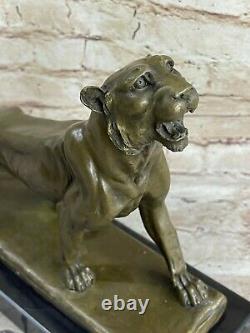 Fait Bronze Sculpture Solde Marbre Deco Art Lion Femelle Lecourtier Signé