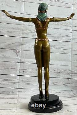 Grand Art Déco Sculpture Femelle Danseuse Sur Marbre Nude- Bronze Figurine