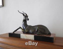 Grande Gazelle Couchee, Regule Patine Bronze, Socle 4 Marbres, Art Deco, 1930