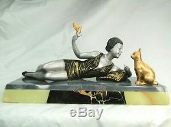 J Salvado Superbe Statue Sculpture Femme Art Deco Fonte D'art Marbre 1925 Chat