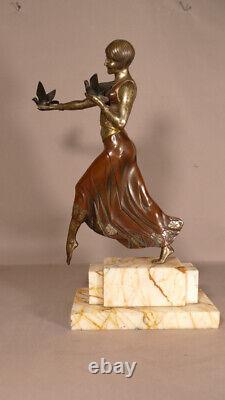 Jean Lormier, Danseuse Aux Oiseaux, Sculpture En Bronze d'époque Art Déco
