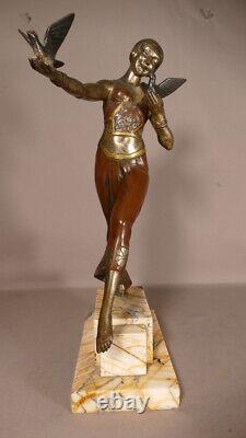 Jean Lormier, Danseuse Aux Oiseaux, Sculpture En Bronze d'époque Art Déco