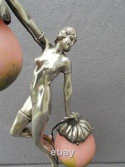 Lampe art deco en bronze argenté le verre français (vase etc.) sculpture femme