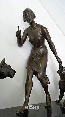 Louis RICHE élégante aux lionnes Sculpture bronze Art Deco antike Skulptur