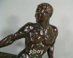 Marin Barreur Athlète Nu Sculpture Art Déco Bronze Signé Marcel Guillemard
