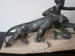 Max Le Verrier Ancienne grande sculpture Mowgli et panthère Bagheera. Art Déco