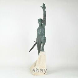 Max Le Verrier, Le Défi, Grande Sculpture Signée, Art Déco, 20ème Siècle