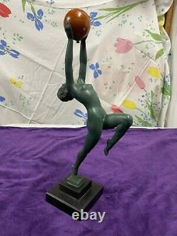 Max Le Verrier Sculpture Femme Nue Muni Boule Onyx Jeu Fonte Dart Art Deco