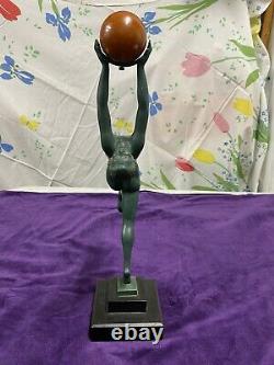 Max Le Verrier Sculpture Femme Nue Muni Boule Onyx Jeu Fonte Dart Art Deco
