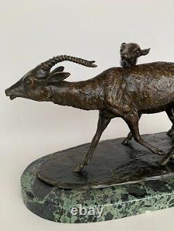 Paire D Antilopes Couple Bronze Par Irenee Rochard 1930 Art Deco Sur Marbre E723