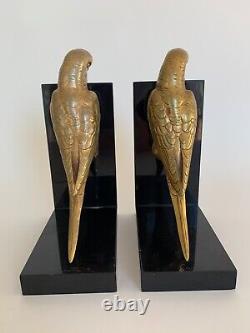 Paire De Serre Livres Louis Albert Carvin Perruches Bronze Art Deco E671