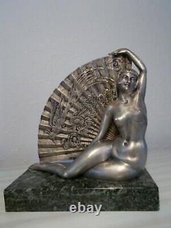 Paire de sculpture en bronze argenté art deco statuette femme nue a l'eventail