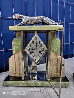 Pendule art déco Panthère bronze chromé 1920 1930 sculpture clock