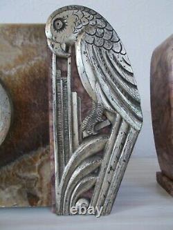 Pendule art deco marbre ornement en bronze argenté perroquet sculpture oiseau