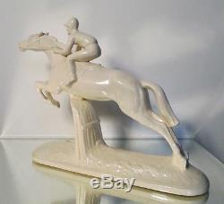 RARE Statue Sculpture Sarreguemines Jockey Céramique faïence Art Déco 1930