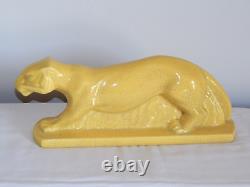 SUPERBE ANCIENNE SCULPTURE Art Déco en Céramique Craquelée Jaune LIONNE