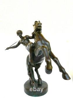 Sculpture Art Deco En Bronze Signée Anton Grath Femme Amazone Nue Sur Cheval