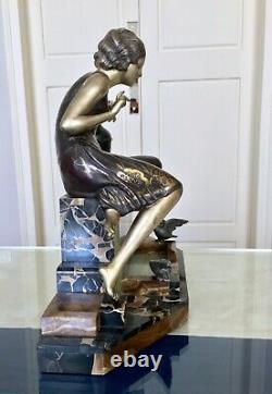 Sculpture Art Déco Marbre Onyx Régule Décoration 1930 Femme et Oiseaux