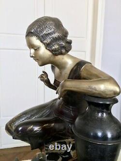 Sculpture Art Déco Marbre Onyx Régule Décoration 1930 Femme et Oiseaux