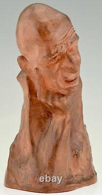 Sculpture Art Déco en terre cuite buste d'homme Gaston Hauchecorne 1925
