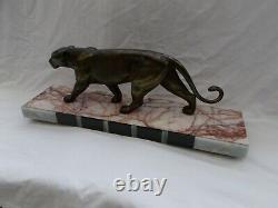 Sculpture Statue Animaliere Art Deco Panthere Regule Marbre Veine Panther 30 40