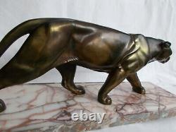 Sculpture Statue Animaliere Art Deco Panthere Regule Marbre Veine Panther 30 40