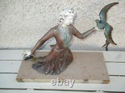 Sculpture Statue Régule Art Déco Chryselephantine Femme & L'Oiseau Pan