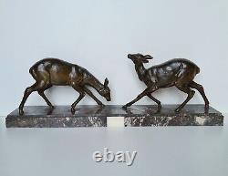 Sculpture animalière 2 biches en régule patiné socle en marbre Art-déco 1930