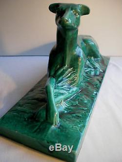 Sculpture céramique craquelée Art Déco, Le LEVRIER couché, Lejan-Lemanceau