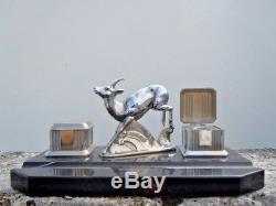 Sculpture chamois encrier bureau metal chrome d'epoque Art Deco