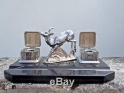 Sculpture chamois encrier bureau metal chrome d'epoque Art Deco