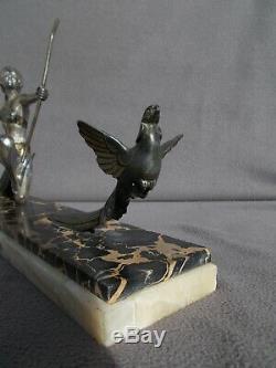 Sculpture femme & oiseau art deco 1930 vintage spelter statue figural woman bird