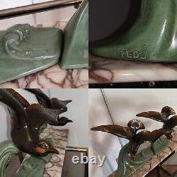 Sculpture métal deux oiseaux patine verte signé tedd art deco 1920 1940
