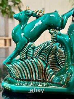 Serre-livres Art Déco Faïence Vert Sculpture Animal Chasse
