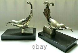 Serre livres sculpture Art Déco 1925 bronze argenté et marbre oiseaux signés