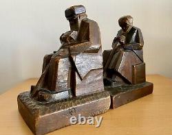 Serres-livres Art Déco cubistes modernistes bois sculpté signés sculpture