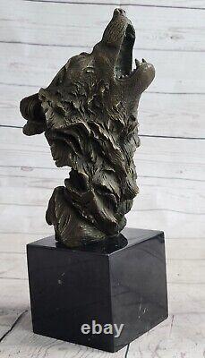 Signée Lopez Sauvage Loup Bronze Marbre Buste Sculpture Statue Figurine Art Déco