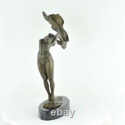 Statue Sculpture Danseuse Foulard Nue Sexy Style Art Deco Bronze massif Signe