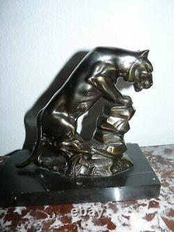 Superbe Ancienne Paire De Serres Livre Art Deco Pantheres Sculpture Animaliere