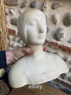 Très Belle Statue Sculpture Albâtre Buste Femme Art Deco Sculpté 1920