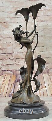 Tulipe Jeune Fille Chandelier Statue Bronze Art Déco Bougeoir Sculpture